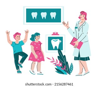 Dentist explaining oral hygiene rules to children. Children in the dentist office talking to the dentist, vector illustration isolated on white background.