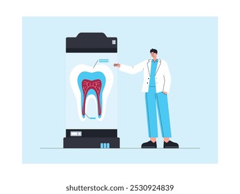 Dentista explicando partes dos dentes da ilustração vetorial mais externa para a mais interna.