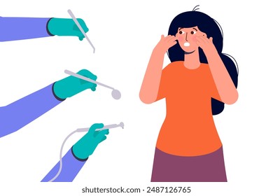 Dentist fear, Dentophobia. Woman surrounded with dentist hands. Vector illustration