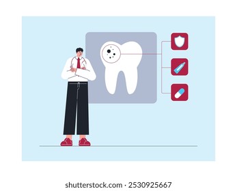 Dentista encontra cavidade, tratamento e prevenção, ilustração vetorial.