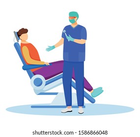 Dentist flat vector illustration. Dentistry, stomatological procedure. Teeth treatment and checkup. Stomatologist with patient in dental chair cartoon characters isolated on white background