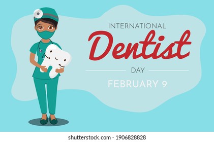 Dentist with funny teeth. 9 February - International day of the dentist.