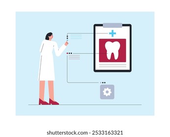 Dentista recebe paciente para exame de saúde dentária, ilustração vetorial.