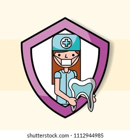 dentist girl tooth in protection emblem