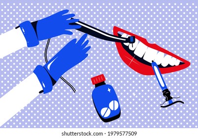 Dentist in gloves holding drill bit and cures teeth with caries,removing plaque.Banner in Pop Art style.Human mouth with gums.Oral cavity disease.Root canal filling with orthodontic instruments