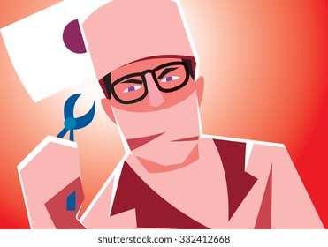 Dentist is going to treat teeth. Dentist at the work. Tooth care. Dentist vector character.