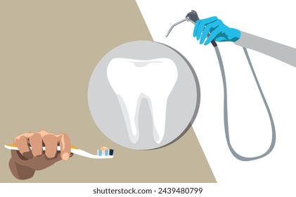 Dentist hand with blue glove holding dentist machine with hand holding toothpaste brush. Big circle in the middle with tooth inside.