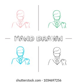 Dentist hand drawn icons set. Dental specialist. Man in surgical face mask with tooth. Stomatologist color brush stroke. Isolated vector sketchy illustrations