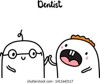 Dentist hand drawn vector illustration in cartoon style. Doctor and patient with open mouth