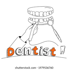 Dentist hand holding drill bit and cures teeth with caries,removing plaque.Banner in doodle style with lettering.Human jaw with gums.Oral cavity disease.Root canal filling with orthodontic instruments