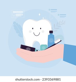 Dentist hand holding happy healthy tooth and dental accessories. Cute teeth character. To brush your teeth with toothpaste and toothbrush. Oral hygiene, teeth cleaning. flat vector illustration