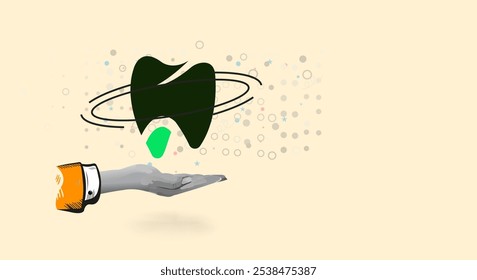 Dentist Hand holding tooth background. Teeth dentistry banner template. advertising web banner template. Creative trend Collage Art Vector illustration