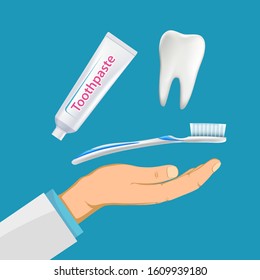 Dentist hand with a toothbrush and toothpaste. Hygiene and caries prevention. Vector illustration.