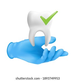 Dentist hand wearing blue protective surgical glove holding a ceramic model of the tooth. 3d realistic vector illustration of dental check concept isolated on a white background