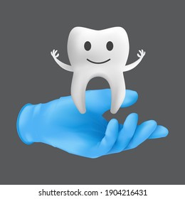 Dentist hand wearing blue protective surgical glove holding a ceramic model of the tooth. 3d realistic vector illustration of children's dentistry concept isolated on a grey background
