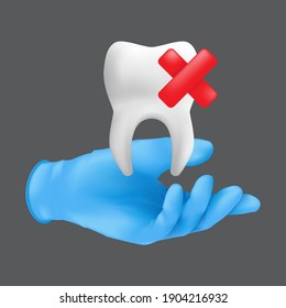 Dentist hand wearing blue protective surgical glove holding a ceramic model of the tooth. 3d realistic vector illustration of teeth extraction concept isolated on a grey background