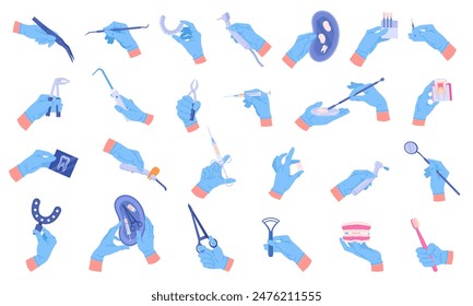 Dentist hands. Cartoon stomatologist hands in rubber gloves holding dental equipment, probes, dental tweezers and pliers flat vector illustration set. Dentist tools in doctors hands