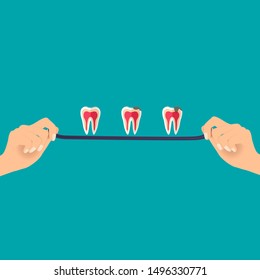 Dentist hands with tooth. Dental concept. Dentist background. Vector illustration.