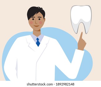 Dentist, healthy tooth isolated. Flat vector stock illustration. Caries treatment concept, orthodontist services. Healthy tooth, doctor orthodontist. Illustration with orthodontist or dentist