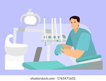 Dentist and his equipment in vector. Dental clinic, vector illustration. Doctor's office. Stomatology theme. Dentist chair. Ready to help. A satisfied medic is waiting for the client.