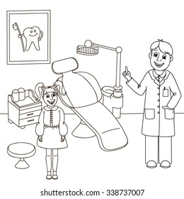 Dentist in his office telling girl about dental care. coloring book