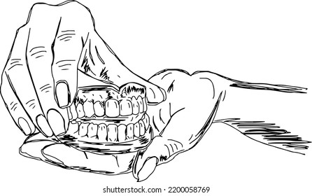 Dentist holding artificial teeth set vector illustration, outline sketch drawing of dental doctor hand holding artificial teeth set, Dental clipart, Dentist logo
