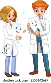 Dentist holding big teeth on white background illustration