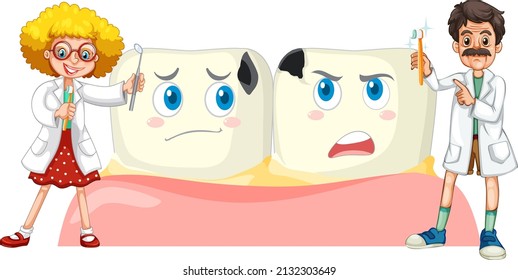 Dentist holding dental cleaning equipment with big teeth
 on white background illustration