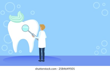 Dentist holding dental mirror examining giant tooth with toothpaste in a healthcare and medical concept illustration