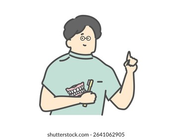 A dentist holding dentures and a toothbrush and pointing, medical care illustration