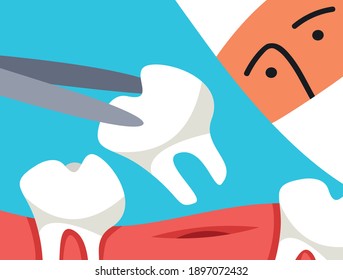 Dentist holding the extracted tooth in a forceps. Prevention of oral cavity treatment. Flat vector illustration.