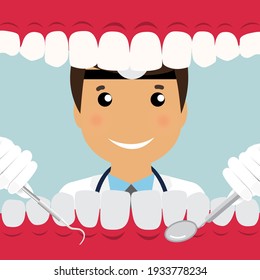Dentist holding instruments and examining patient teeth. Patient mouth inside view. Teeth examination dentistry concept. 