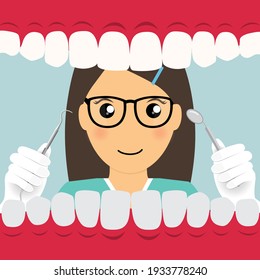 Dentist holding instruments and examining patient teeth. Patient mouth inside view. Teeth examination dentistry concept. 