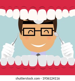 Dentist holding instruments and examining patient teeth. Patient mouth inside view. Teeth examination dentistry concept. 
