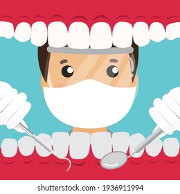 Dentist holding instruments and examining patient teeth. Patient mouth inside view. Teeth examination dentistry concept. 