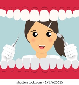 Dentist holding instruments and examining patient teeth. Patient mouth inside view. Teeth examination dentistry concept. 