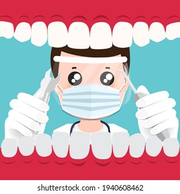 Dentist holding instruments and examining patient teeth. Patient mouth inside view. Teeth examination dentistry concept. 