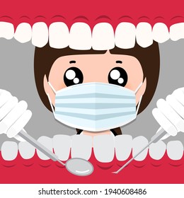 Dentist holding instruments and examining patient teeth. Patient mouth inside view. Teeth examination dentistry concept. 