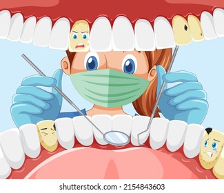 Dentist holding instruments examining patient teeth inside human mouth illustration