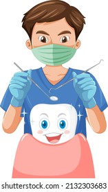 Dentist holding instruments and examining teeth on white background illustration