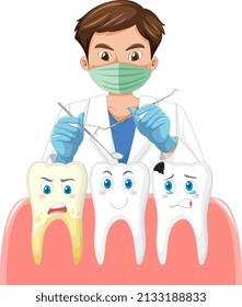 Dentista sujetando instrumentos y examinando dientes en ilustración de fondo blanco