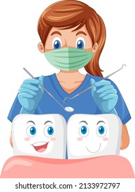 Dentist holding instruments and examining teeth on white background illustration