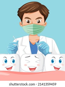 Dentist holding instruments and examining teeth on white background illustration