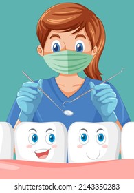 Dentist holding instruments and examining teeth on green background illustration