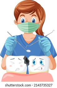 Dentist holding instruments and examining teeth decay on white background illustration