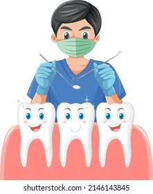 Dentist holding instruments and examining teeth on white background illustration