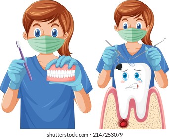 Dentist holding instruments and examining teeth on white background illustration