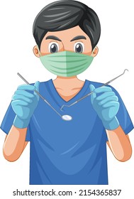 Dentist holding instruments on white background illustration