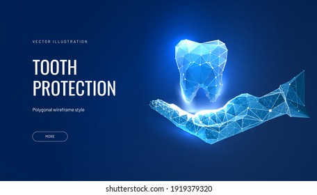 Dentist holding a tooth in his hands, illustration in futuristic polygonal style. Dental protection or treatment concept. Modern technologies in medicine. Vector illustration 