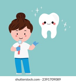 dentist holding a tooth. Shiny tooth. Dentist on blue background
